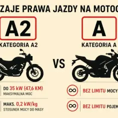 Porównanie kategorii A2 i A prawa jazdy na motocykl. A2: do 35 kW, A: bez limitu mocy i pojemności.