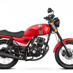 Czerwony motocykl Barton w stylu caferacer, z szarymi pasami na baku i numerem 09. Idealny na miejskie wyprawy.