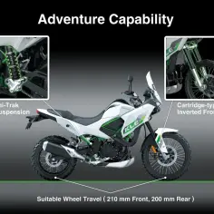 Biały motocykl Kawasaki KLE500 z zielonymi akcentami, z powiększeniami zawieszenia.