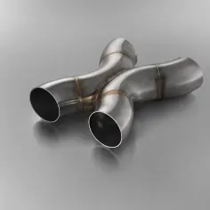 Metalowy xpipe, element układu wydechowego, z dwoma wejściami i jednym wyjściem, spawany.