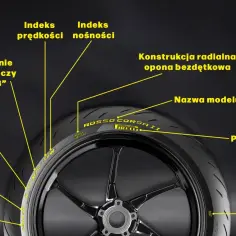 Opona motocyklowa Pirelli z oznaczeniami: nazwa modelu, producent, indeks prędkości, indeks nośności. Tabela ciśnienia w oponach motocyklowych powinna uwzględniać te parametry.