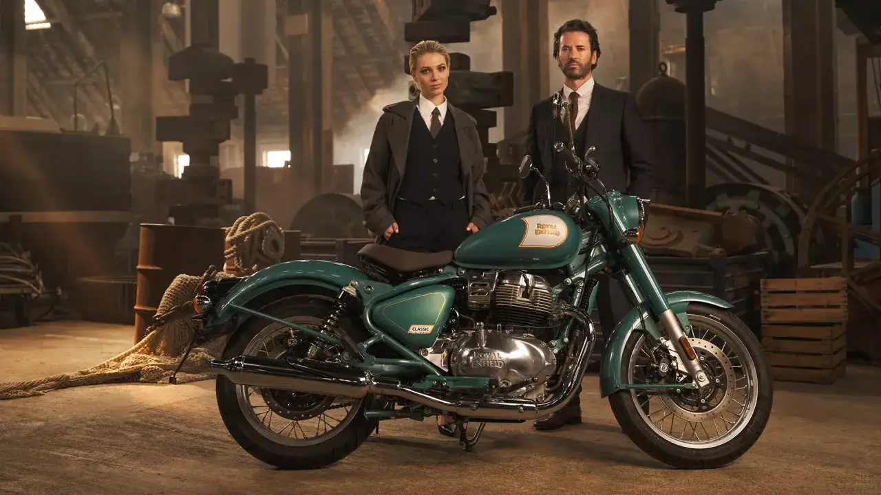 Para elegancko ubranych ludzi obok turkusowego motocykla Royal Enfield 500 w industrialnym wnętrzu.