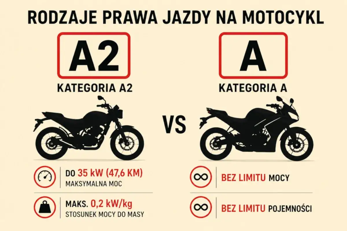 Porównanie kategorii A i A2 prawa jazdy na motocykl. A2: do 35 kW, A: bez limitu mocy i pojemności.
