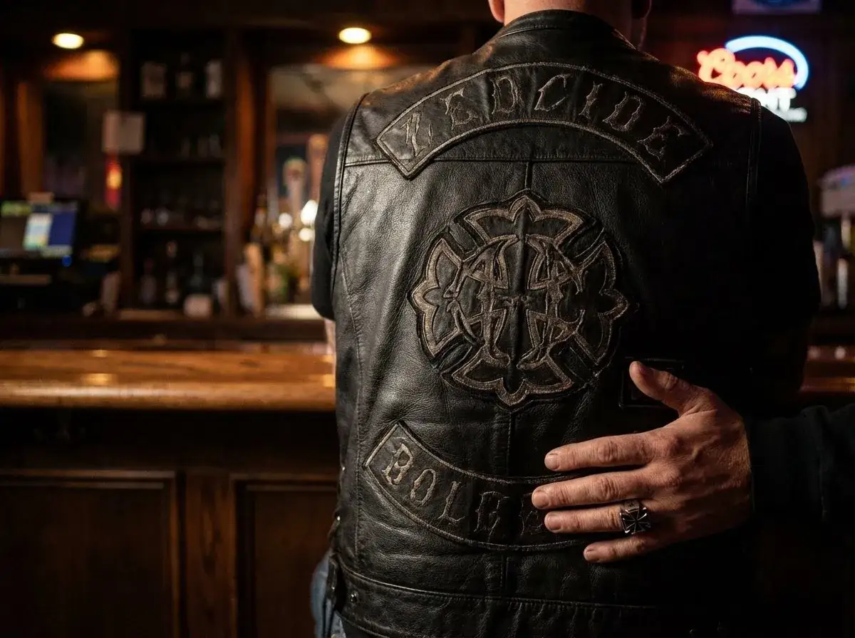 Dłoń na kamizelce z naszywkami, symbolizująca hierarchię w klubie motocyklowym.
