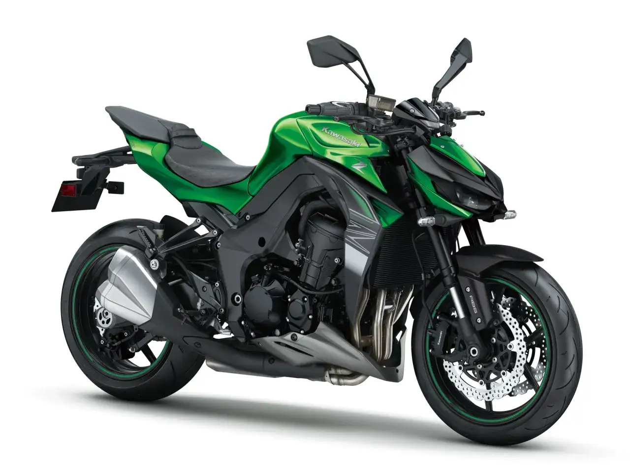 Zielony motocykl Kawasaki Z1000 z agresywnym designem, gotowy do podboju dróg.