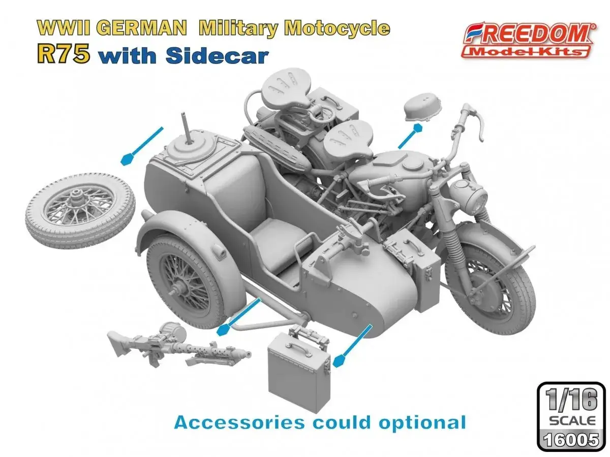Model motocykla BMW R75 z koszem, idealny do dioram z okresu II Wojny Światowej, w tym pustynnych kampanii w Afryce Północnej.
