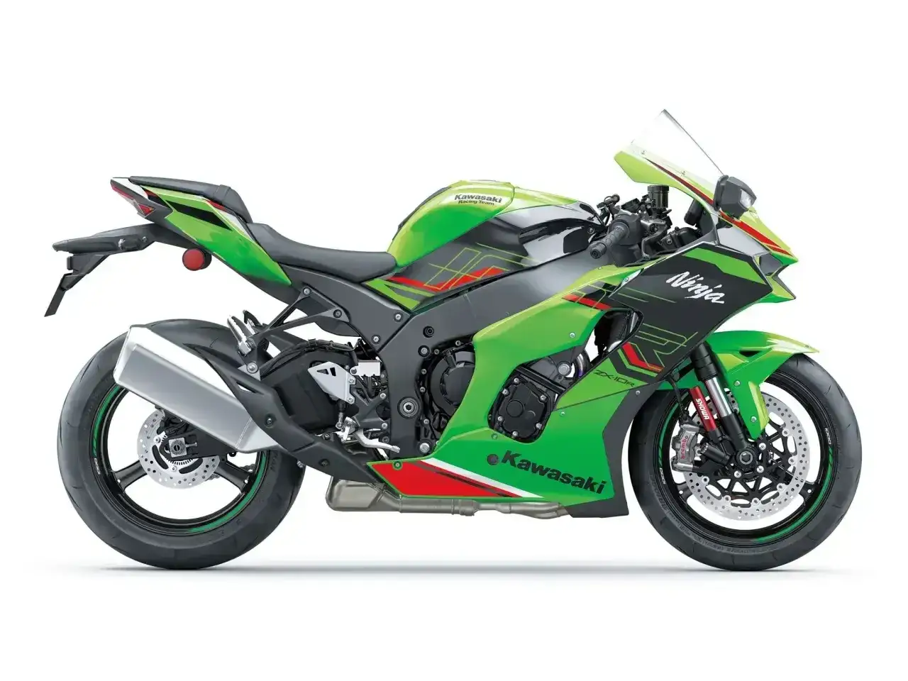 Zielony Kawasaki ZX-10R Ninja, sportowy motocykl z czarnymi i czerwonymi akcentami. Poznaj jego kawasaki zx-10r dane techniczne.