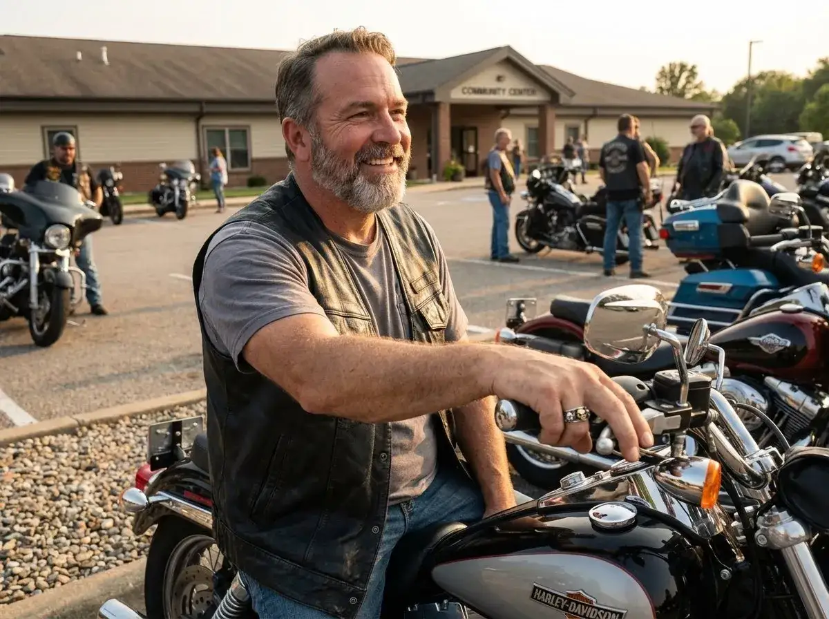 Uśmiechnięty mężczyzna w kamizelce motocyklowej, siedzący na Harleyu. W tle budynek Community Center i inni motocykliści. To spotkanie, gdzie obowiązują gremium mc zasady.