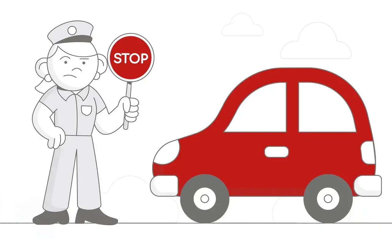 Policjantka zatrzymuje czerwony samochód, trzymając znak STOP. Jazda bez prawa jazdy kara jest surowo egzekwowana.